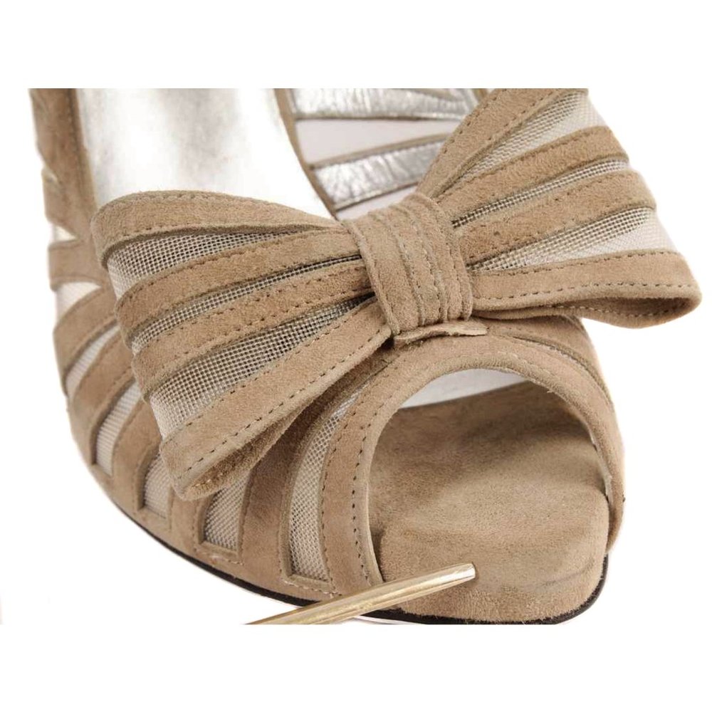 RON WHITE Jayla Tan Suede & Mesh Bow Peep Toe Pumps - Picture 4 of 9